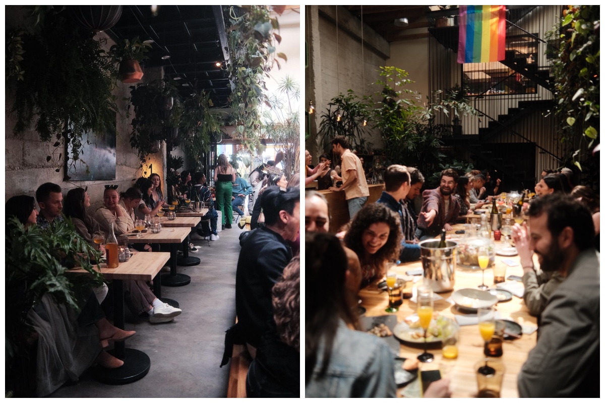 Two images of people seated at tables eating and drinking in Arcana, San Francisco.