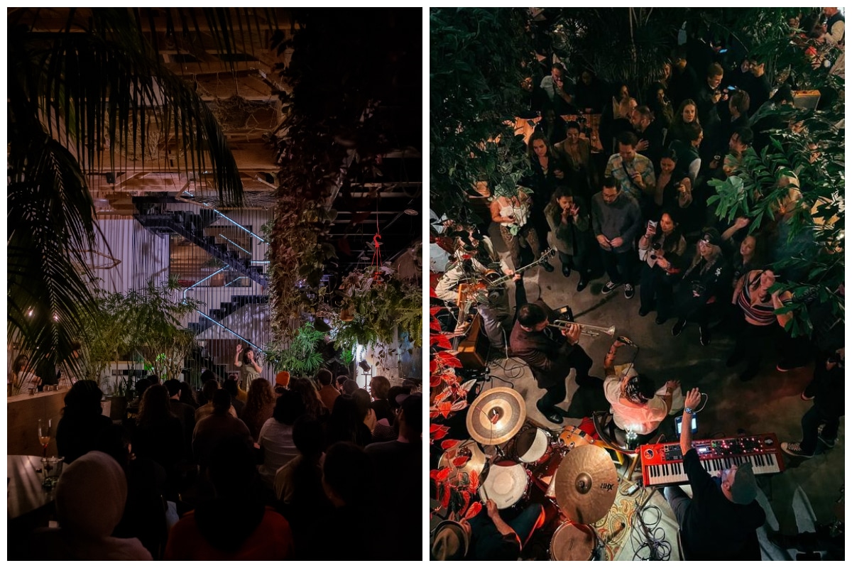 Left: A crowd of people gathers in the foreground for an evening event at Arcana, with the wrought iron staircase in the backrgound. Right: View from above of a crowd watching a live band perform at Arcana