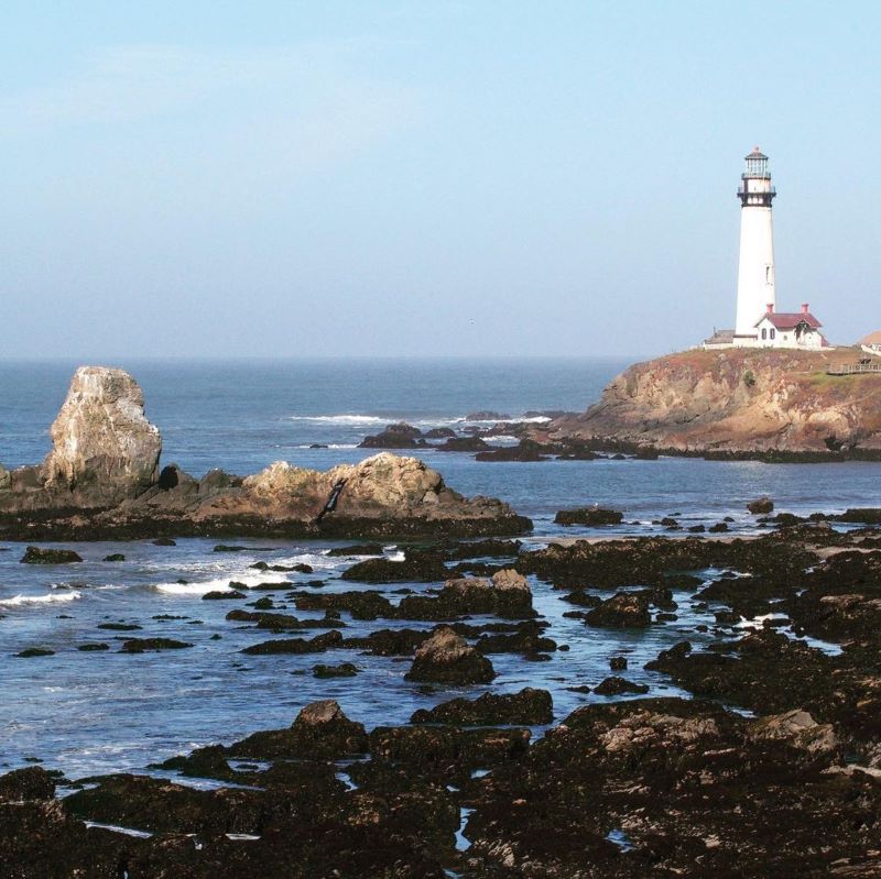 A view of the light house over the tide pools at Pigeon Point