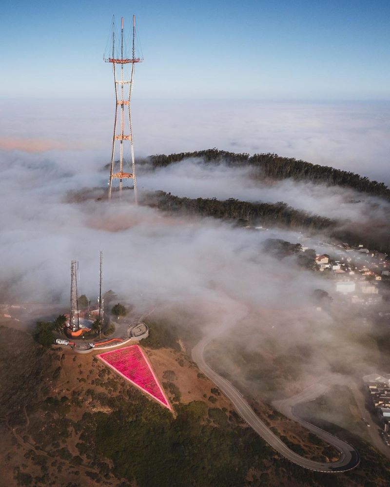 Pink Triangle in the fog during the daytime at Twin Peaks.