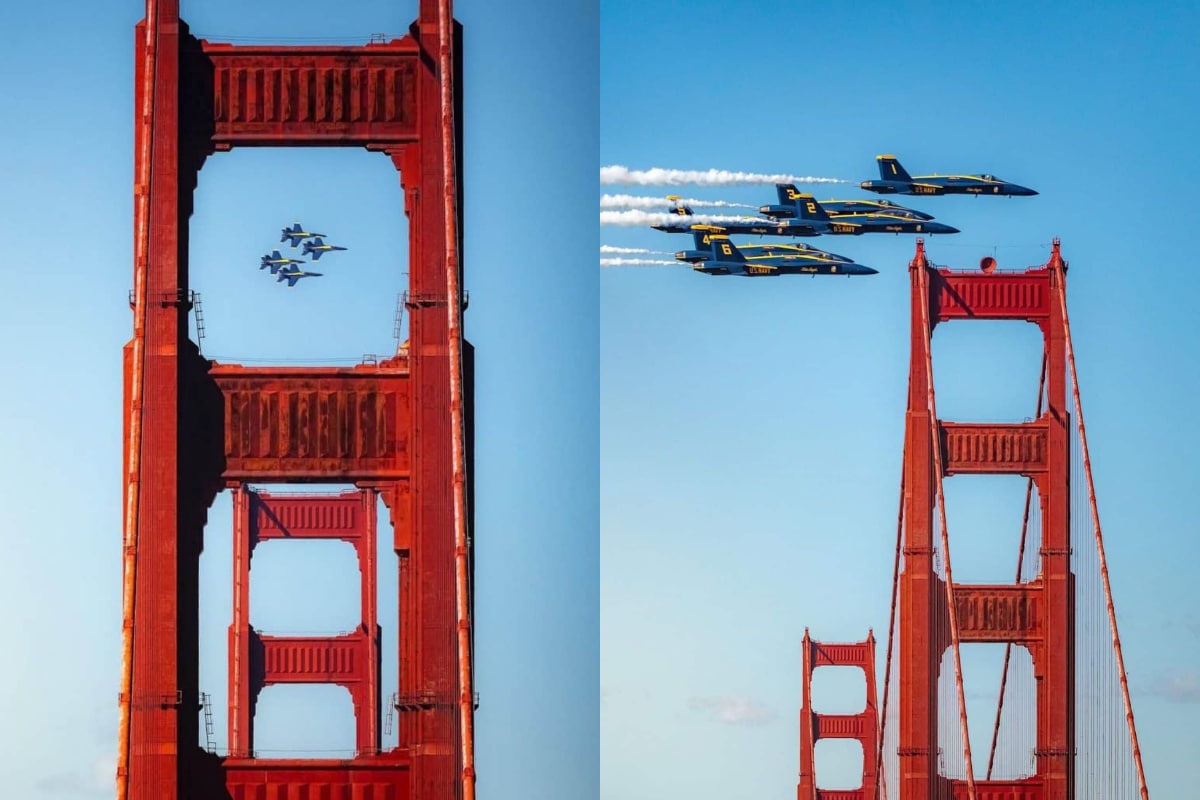 Two side by side pictures of the Blue Angels flying around the Golden Gate Bridge.