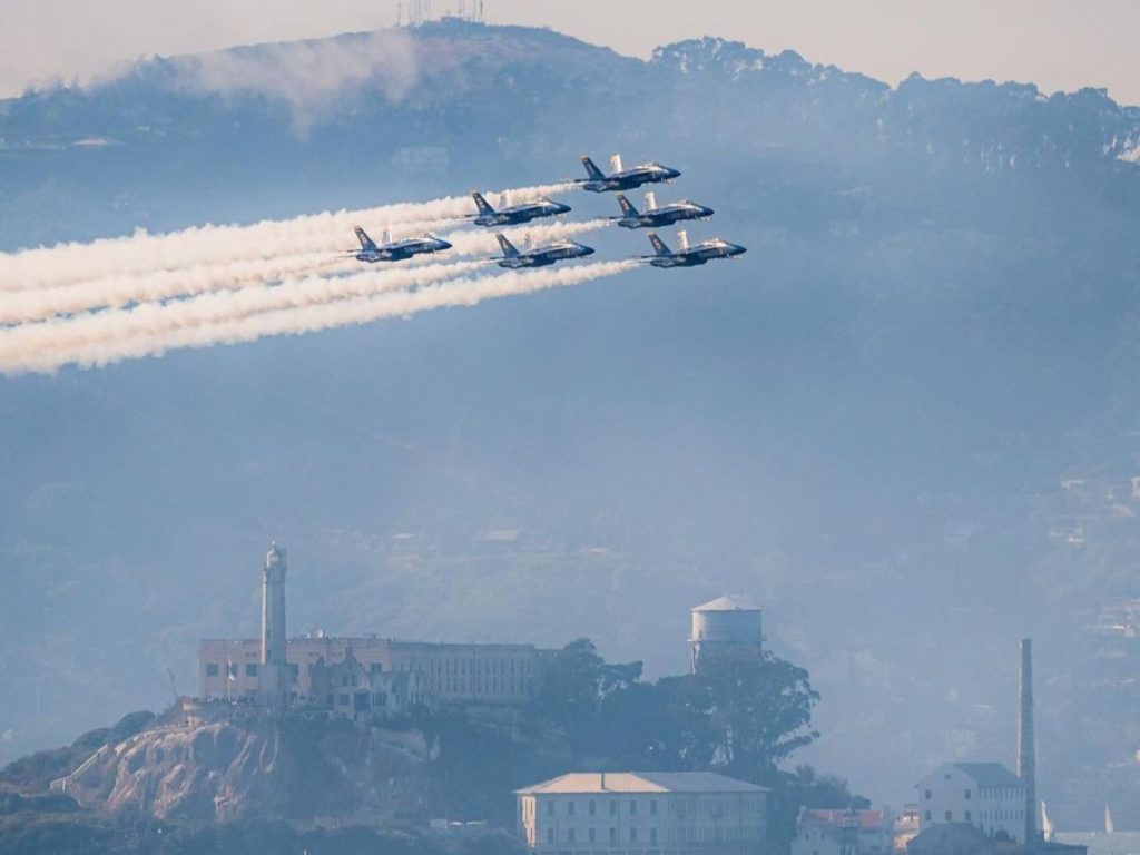 Blue Angels fly over Alcatraz.