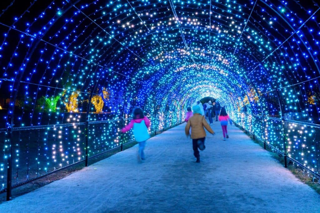 children run through a tunnel decorated in glowing lights.