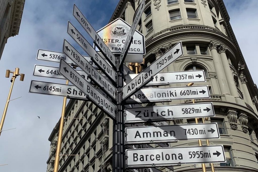 Signpost pointing in the directions of San Francisco's 18 sister cities at Hallidie Plaza