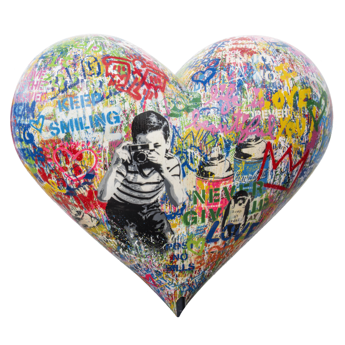Colorful grafitti heart with messages including "Keep Smiling," "I Love You," "Life is beautiful," and more. With black and white child looking through a camera at the viewer.