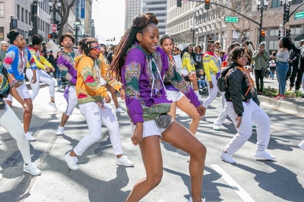 A group of dancers performs at Oakland's Black Joy Parade.