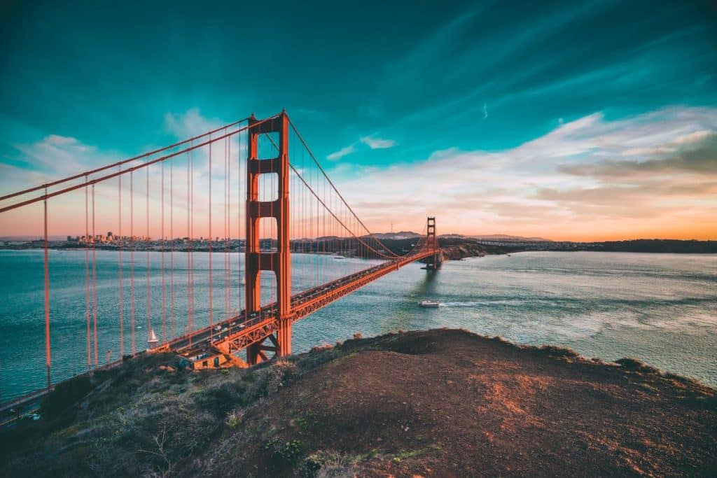 The Golden Gate Bridge at sunset.