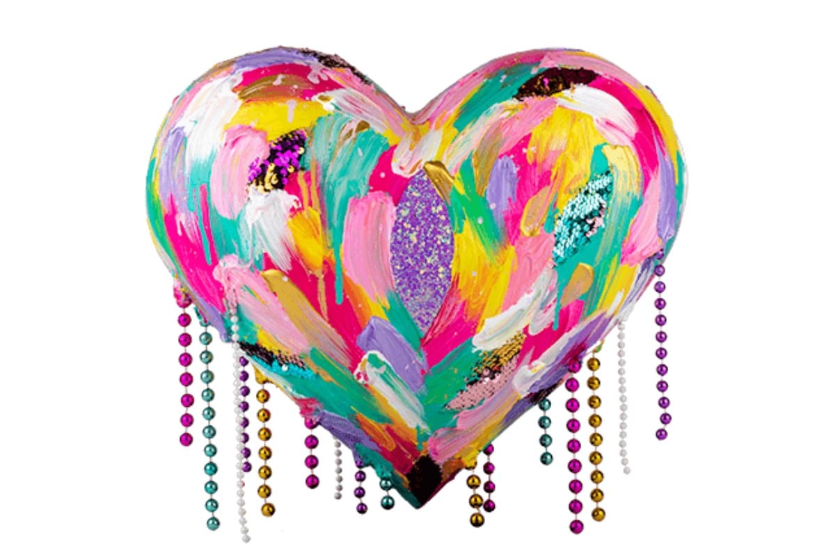 Kate Tova's 'Street Heart.' Large sculptural heart with textural brushstrokes in pink, green, and yellow with glitter and Mardi Gras beads.
