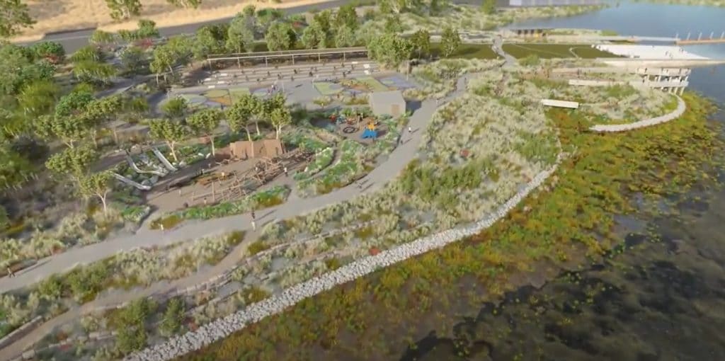Flyover shot of rendering for India Basin Waterfront park, featuring new landscaping, a children's nature exploration area