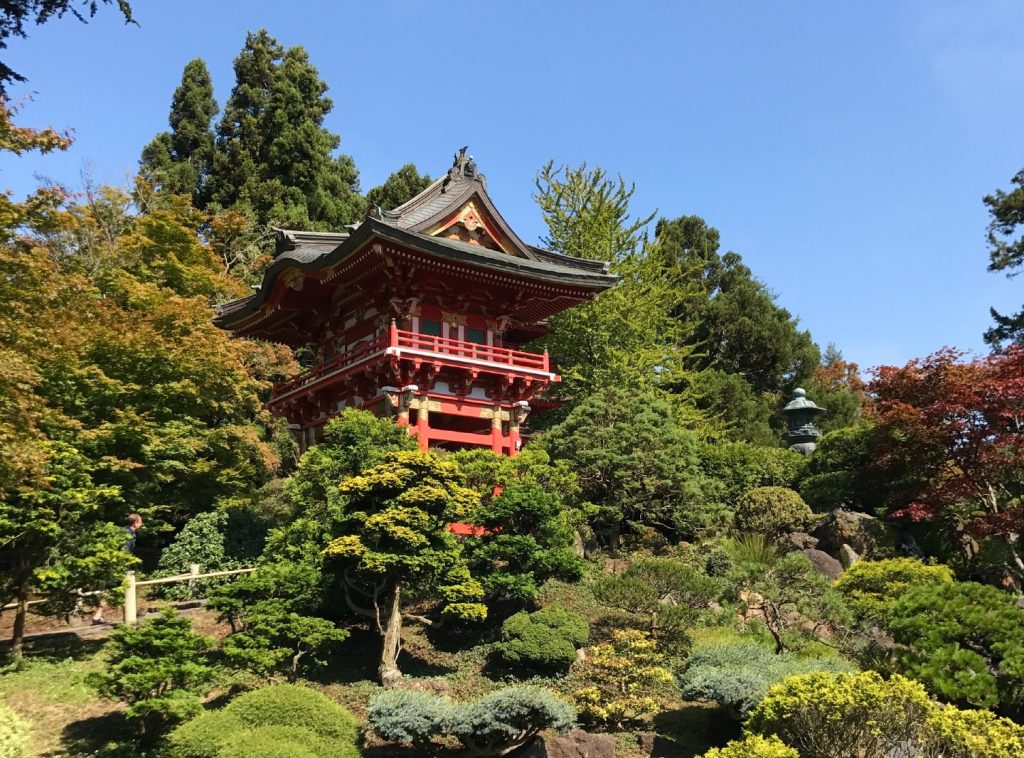 A red pagoda peeks out from abundant green foliage at San Francisco's Japanese Tea Garden.