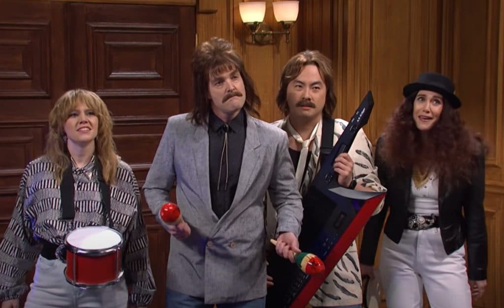 Kate McKinnon, Will Forte, Bowen Yang, and Kristen Wiig as rockers on SNL's San Francisco-based sketch.