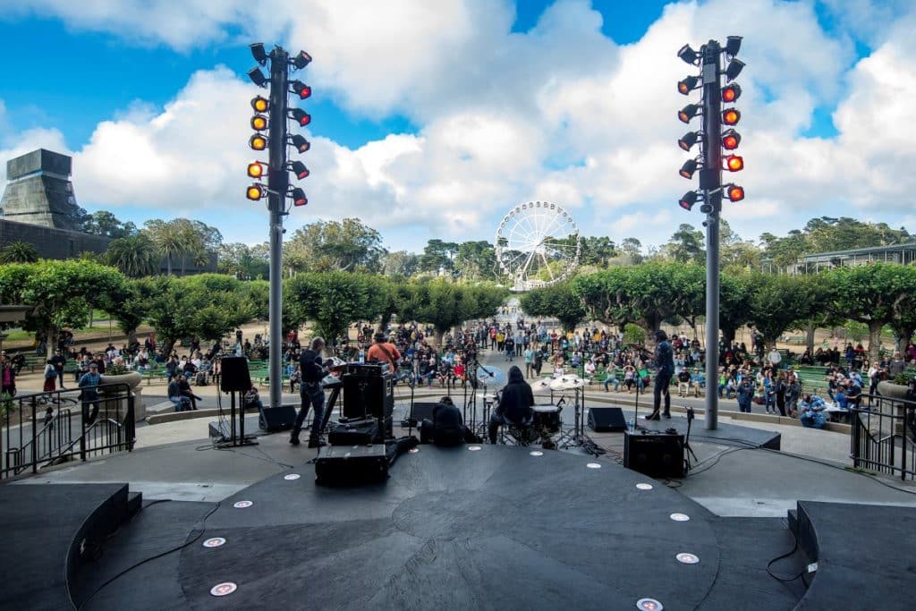 View of Golden Gate Park's Music Concourse from Bandshell stage.