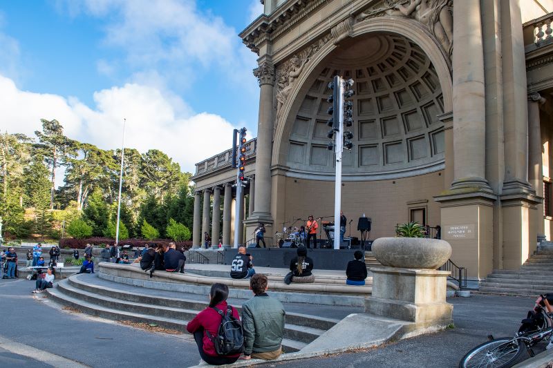 Musicians perform on the Golden Gate Park Bandshell stage 