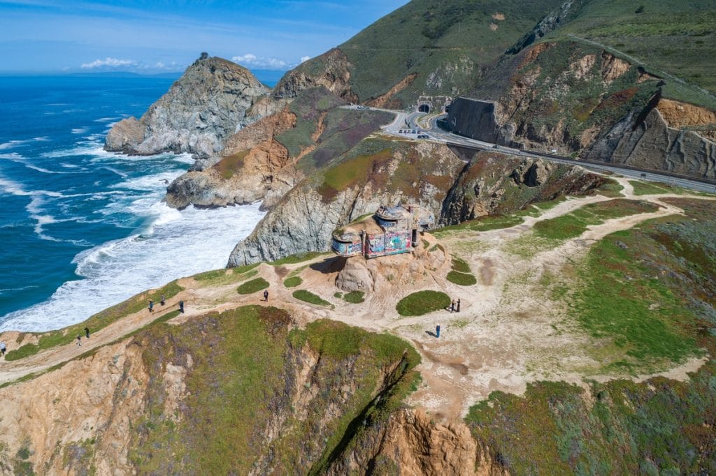 Above view of Devil's Slide in San Mateo, showing an abandoned WWII bunker and dramatic cliff views.