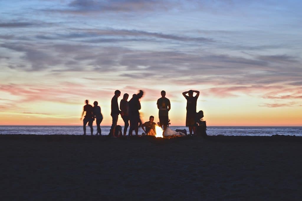A group of silhouetted people stands around a bonfire on the beach at sunset.