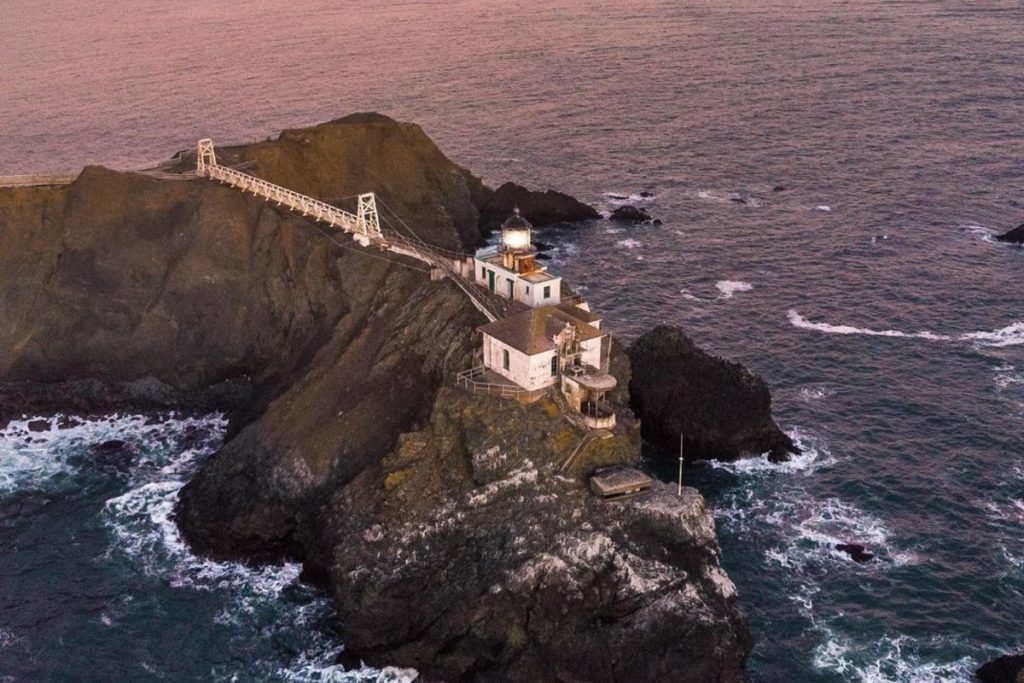 Point Bonita Lighthouse at sunset, photographed from above.
