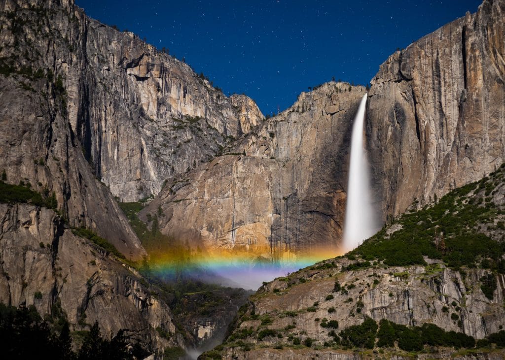 Moonbow captured in waterfall spray in Yosemite.