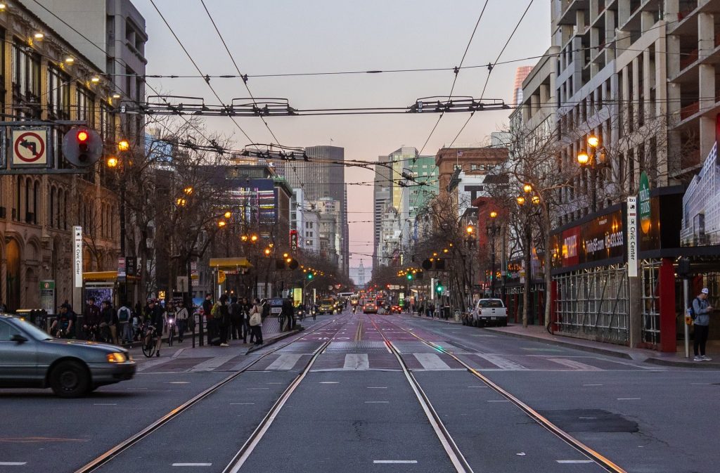 View of Market St at sunset.