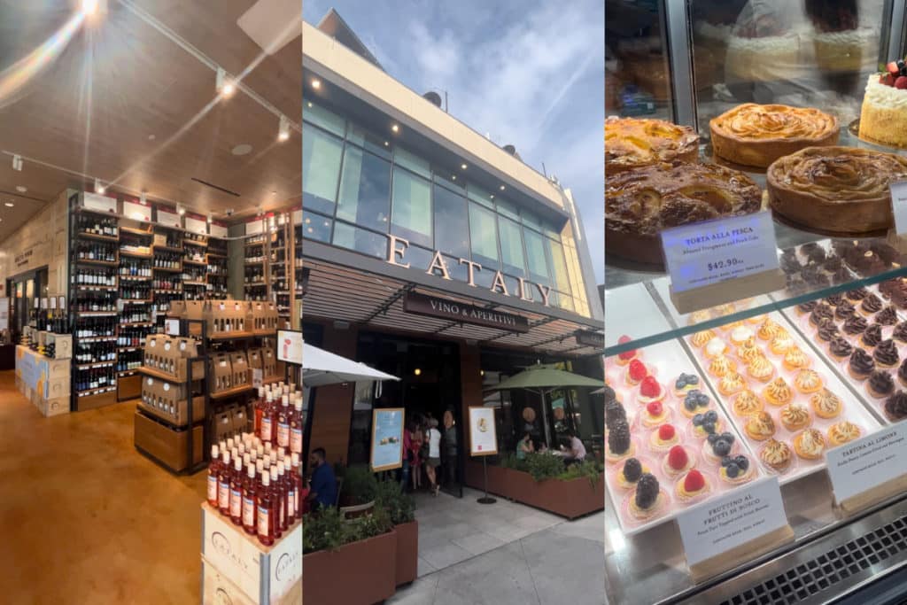 3 side by side photos of Eataly showing the wine selection, storefront, and pastry counter