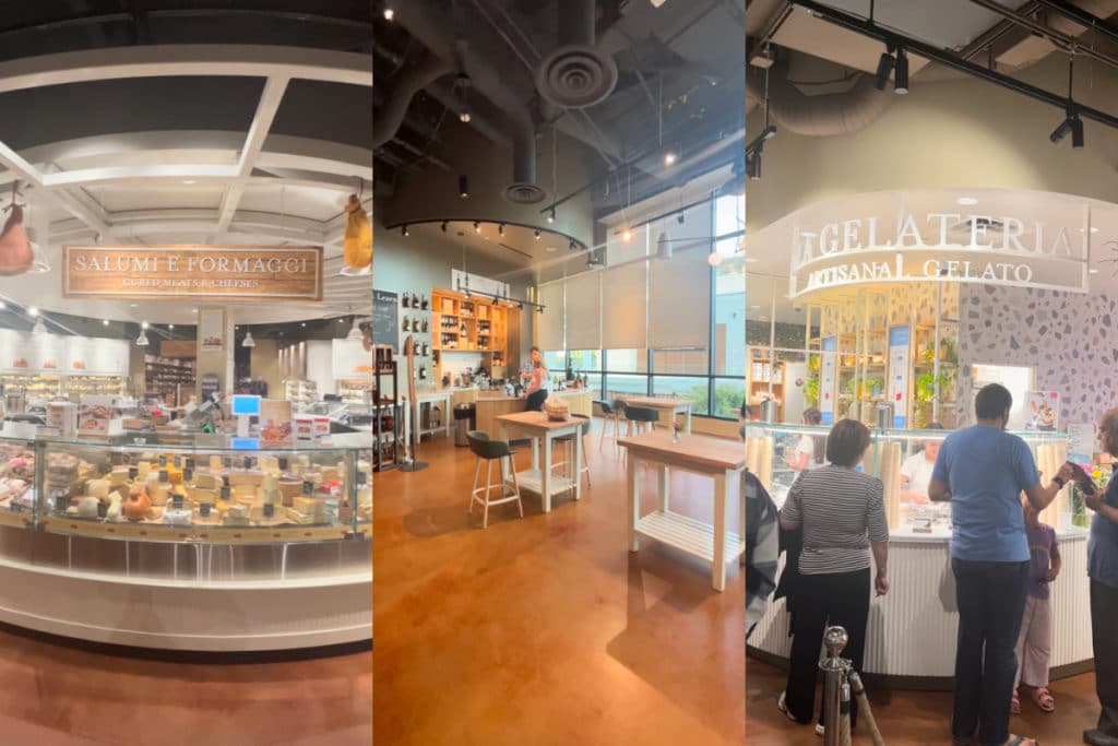 3 photos of Eataly showing the salumi e formaggi counter, a seating area, and the gelateria