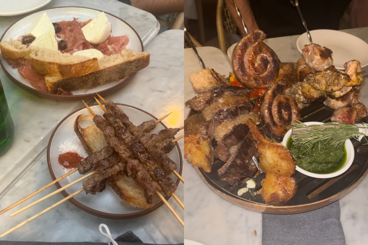 2 photos of a meal at Terra including arrosticini and fornello pugliese