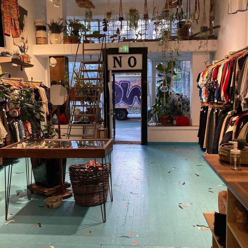 Vintage shop with clothes and plants