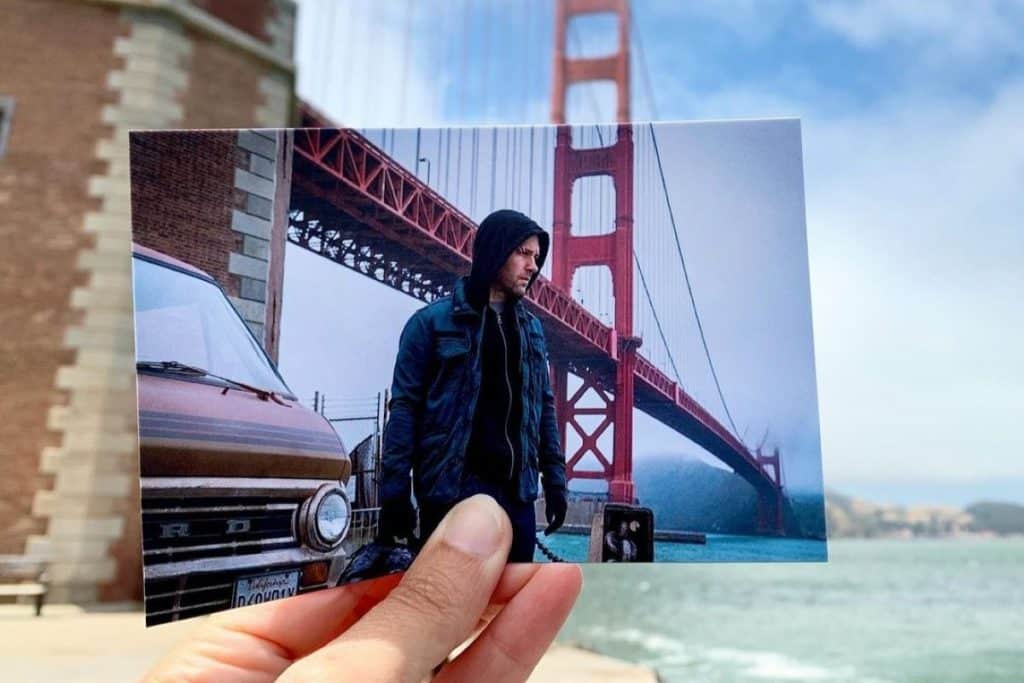 A stlil of Paul Rudd in Ant-Man overlaying a view of the Golden Gate Bridge