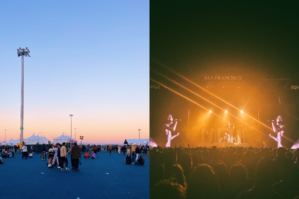 Left: Portola Festival goers explore the grounds at sunset. Right: Festival stage lit up with golden lights