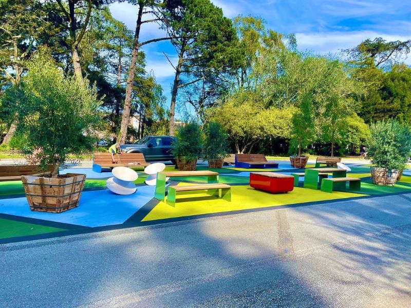 A collection of colorful outdoor furniture on JFK Drive.