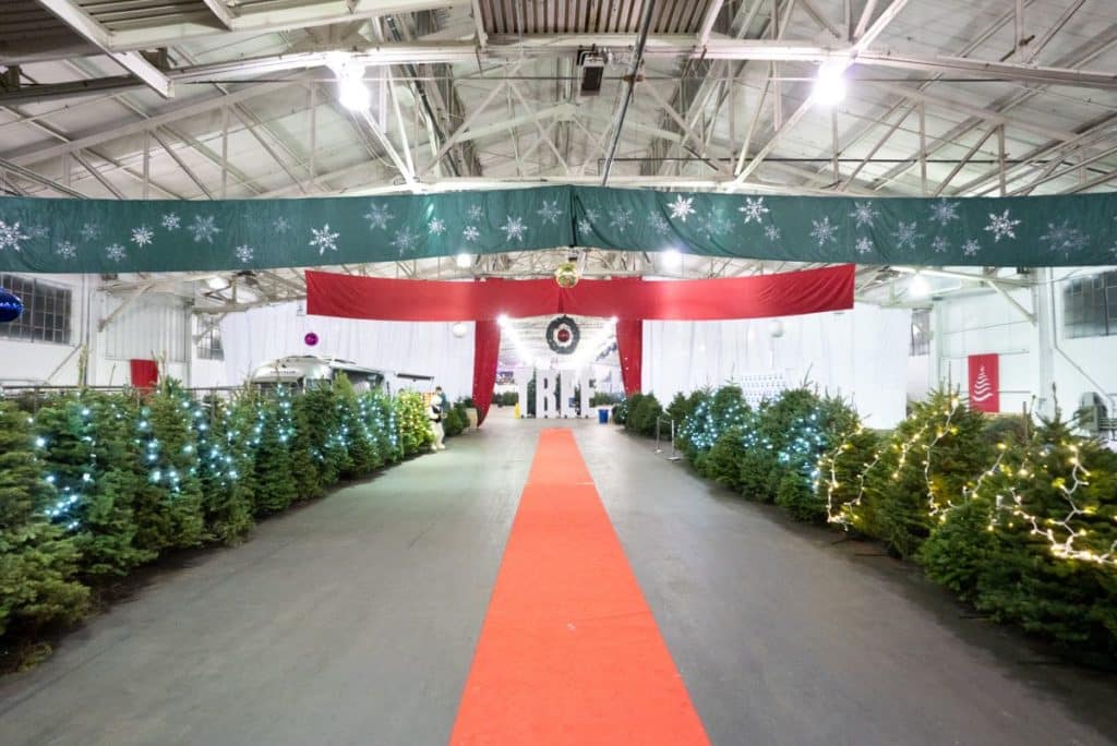 Guardsmen Holiday Tree Lot entrance with red carpet lined with holiday trees