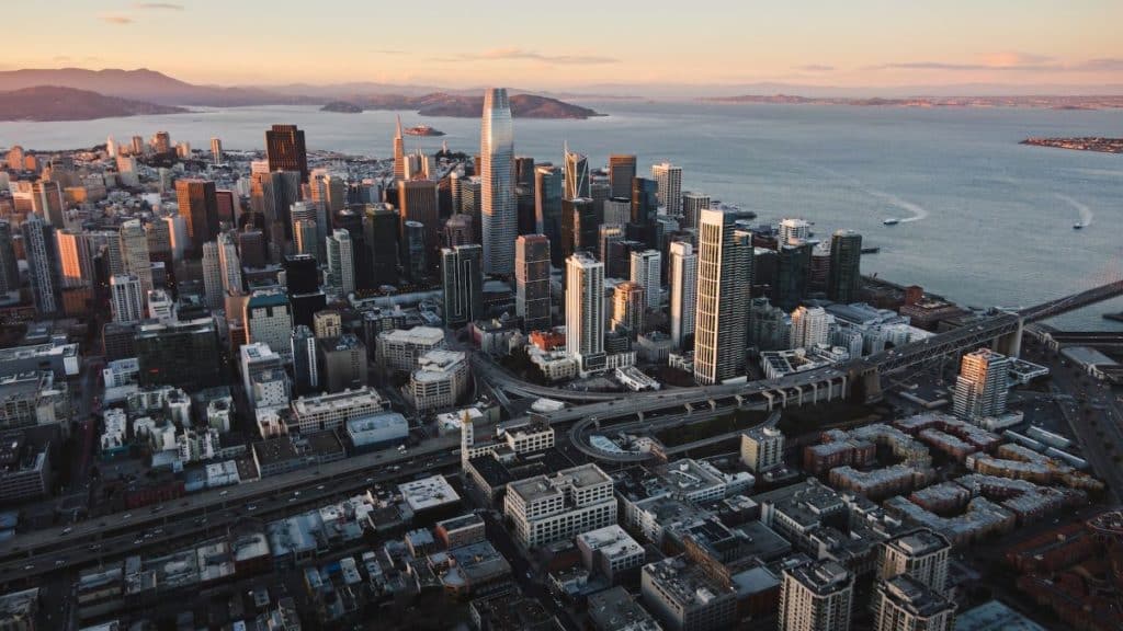 A birds-eye view of Downtown SF at sunset.