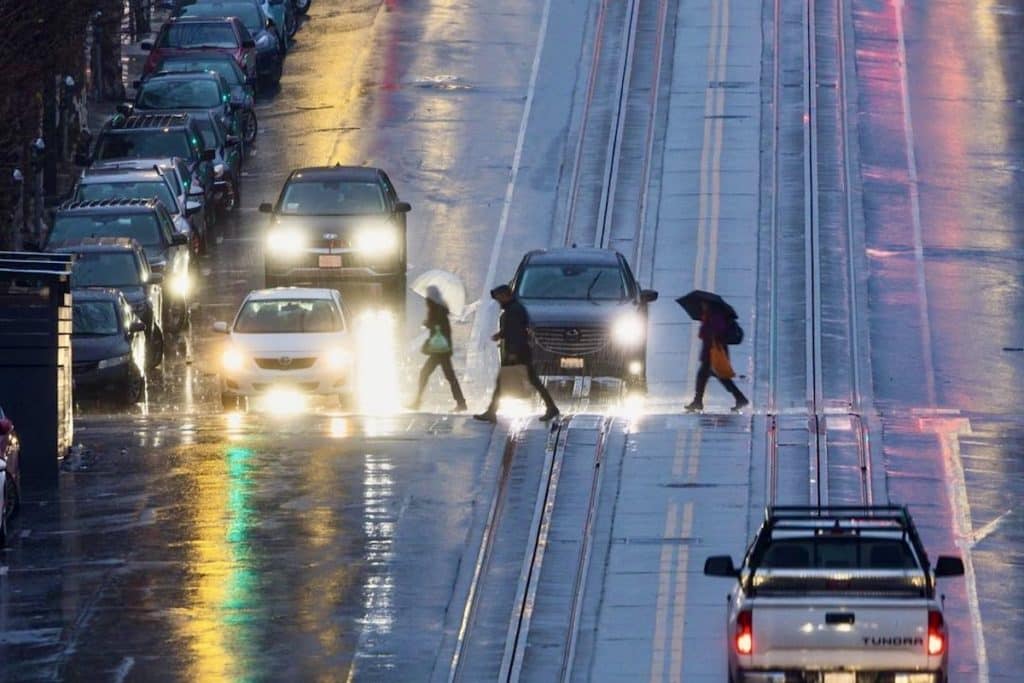 People walking in the rain in SF