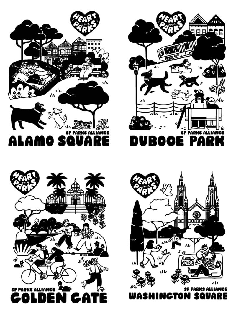4 black and white screen printing designs showing cartoon depictions of Alamo Square, Duboce Park, Golden Gate Park, and Washington Square.