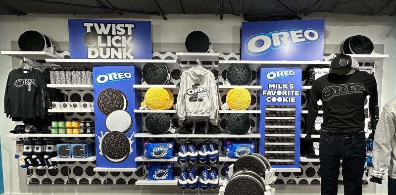 An Oreo cookie display with Oreo-themed clothing and merchandise.