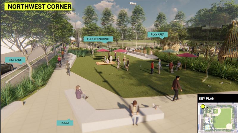 A rendering of Jackson Park's green open space with a play area, plaza, and bike lane in the Northwest Corner.