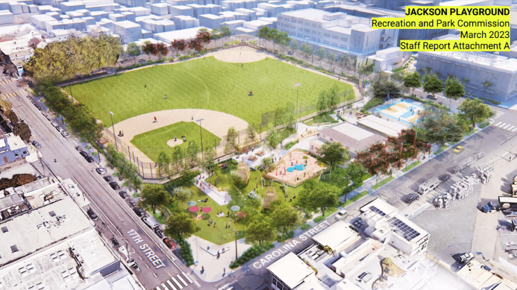 A rendering of the future Jackson Park with a baseball diamond, multipurpose courts, play areas, and open green spaces.