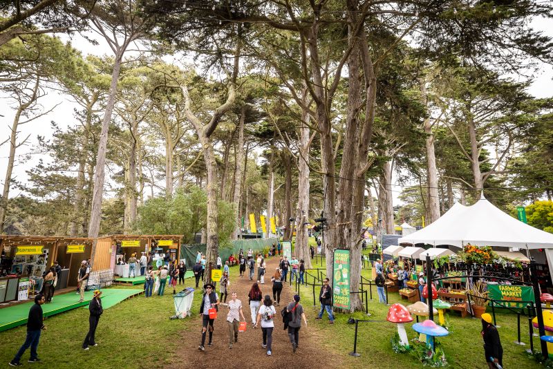 Groups of people walk through a pathway in Golden Gate Park at Outside Lands.