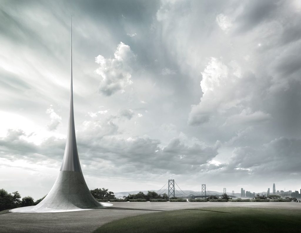A rendering of a tall gray sculpture rising to a point on Yerba Buena Island.