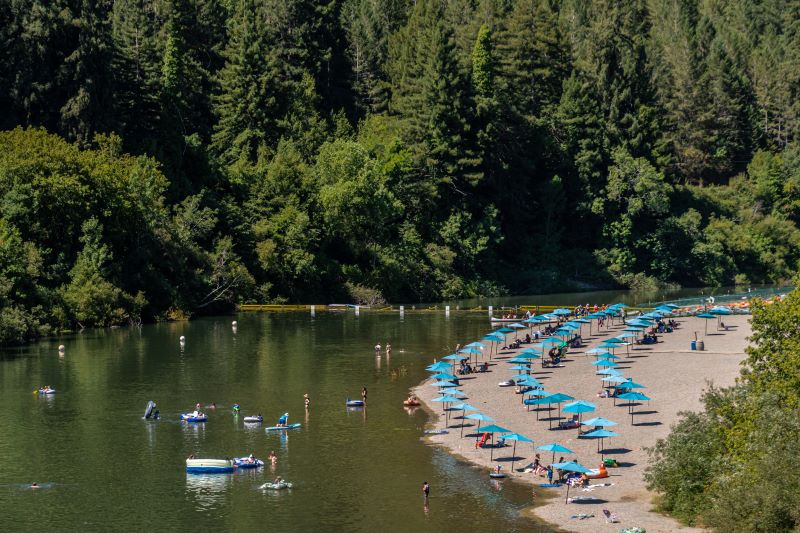 Johnson Beach in Guerneville set up with lines of blue umbrellas and people playing in the water.