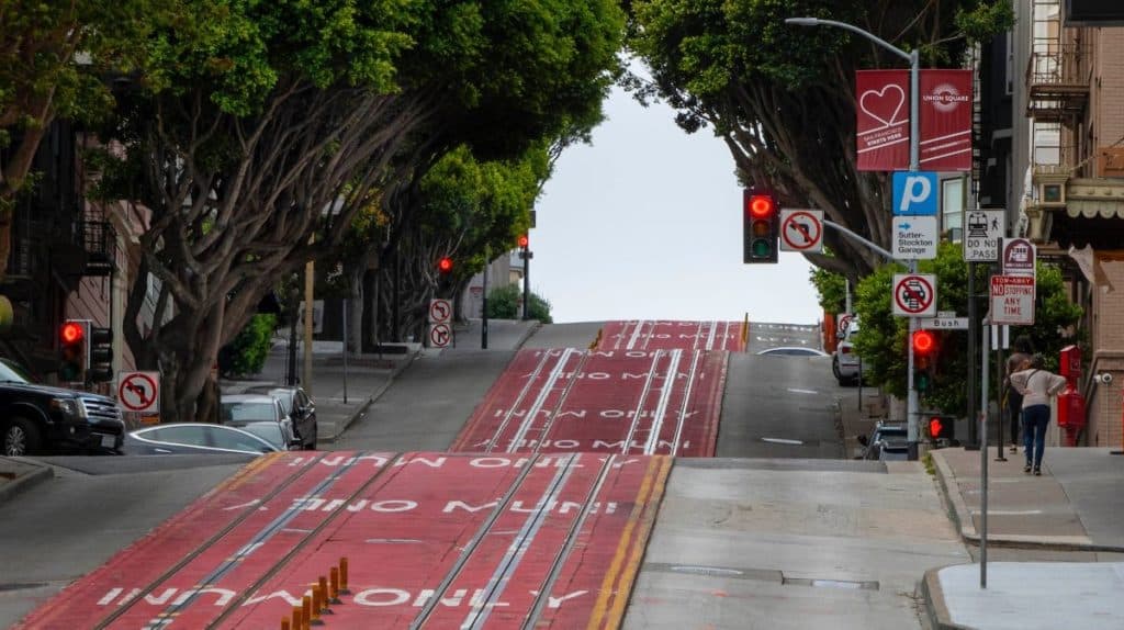 A steep street in San Francisco marked in red for Muni