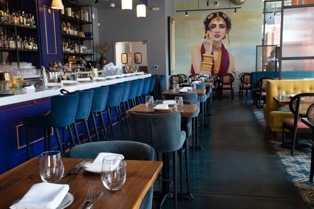 Stunning interiors and mural at ROOH Indian restaurant in SF