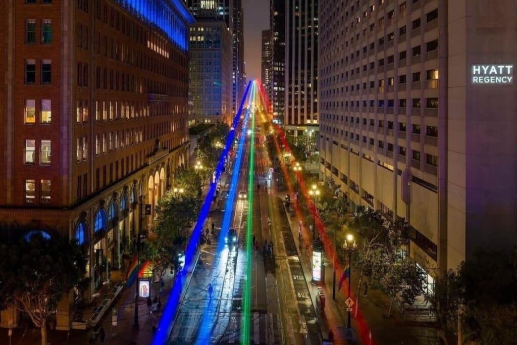2022 rainbow laser flag over Market Street