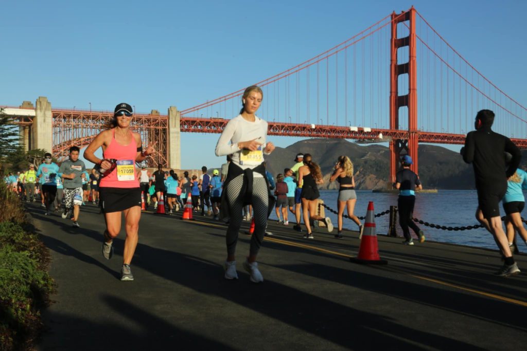 Runners going past the Golden Gate Bridge during the Marathon.