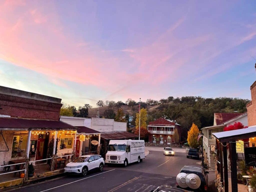 Main Street in Amador City at sunset.