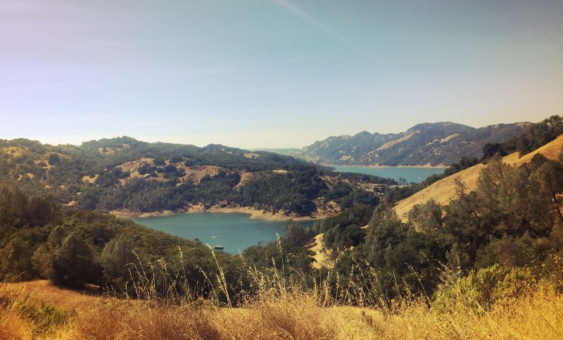 Green and brown hills surrounded by water at Angel Island