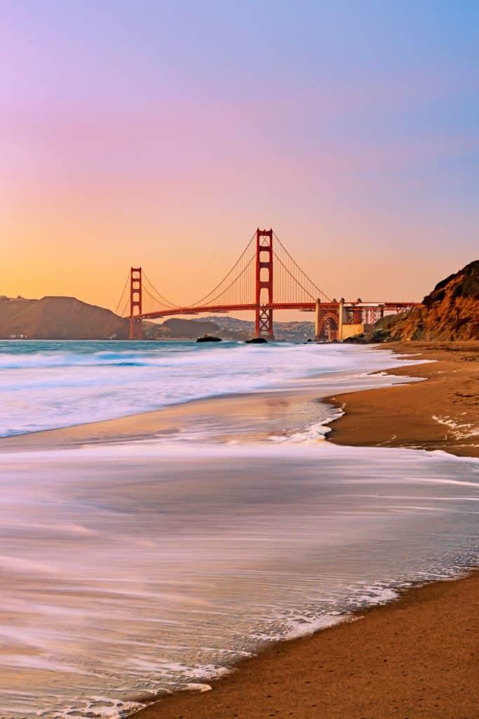 A beach at sunset with waves and the Golden Gate Bridge in the background.
