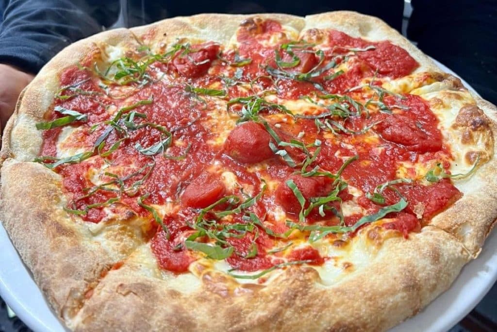 A person holds a pizza with red tomatoes and shredded basil.