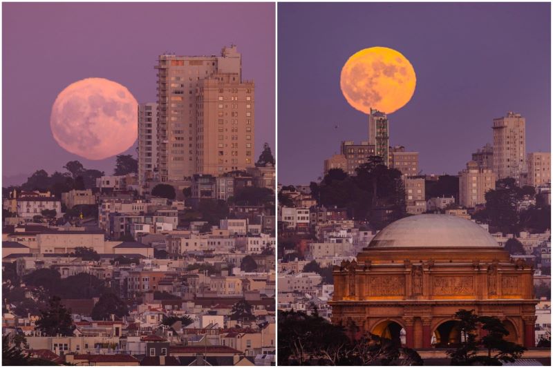 Two side-by-side photos of an orange-tinted moon rising over the SF skyline. 