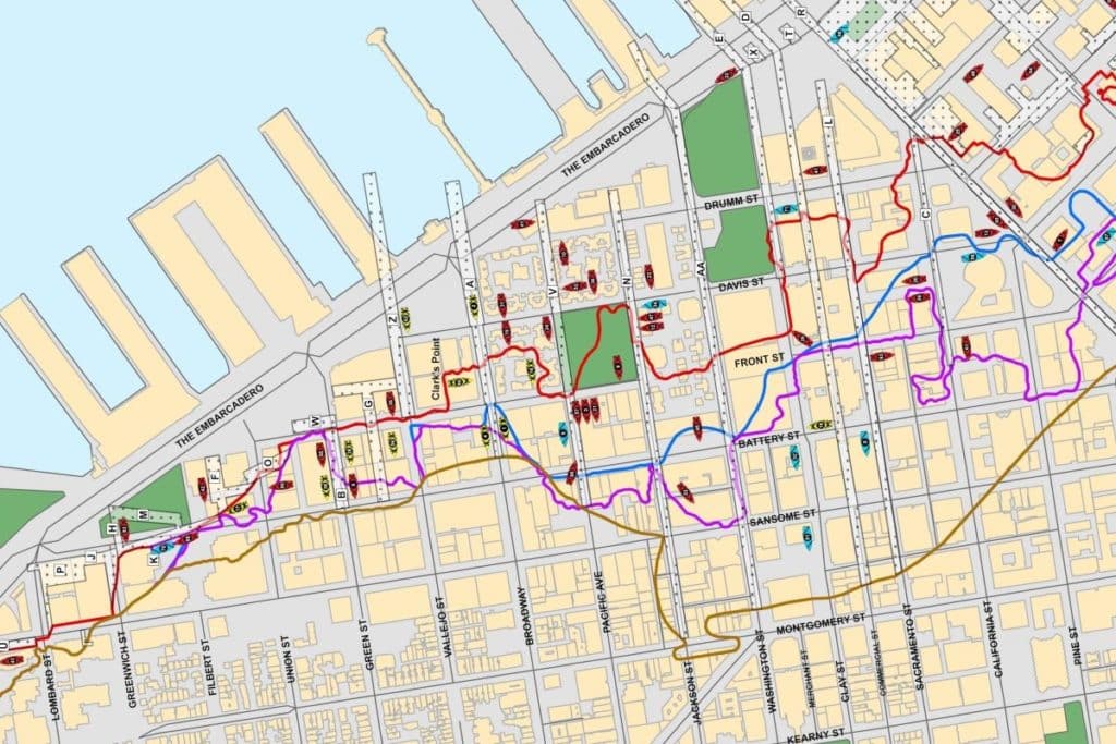 A map of SF's Embarcadero showing the locations of old shorelines and buried ships.