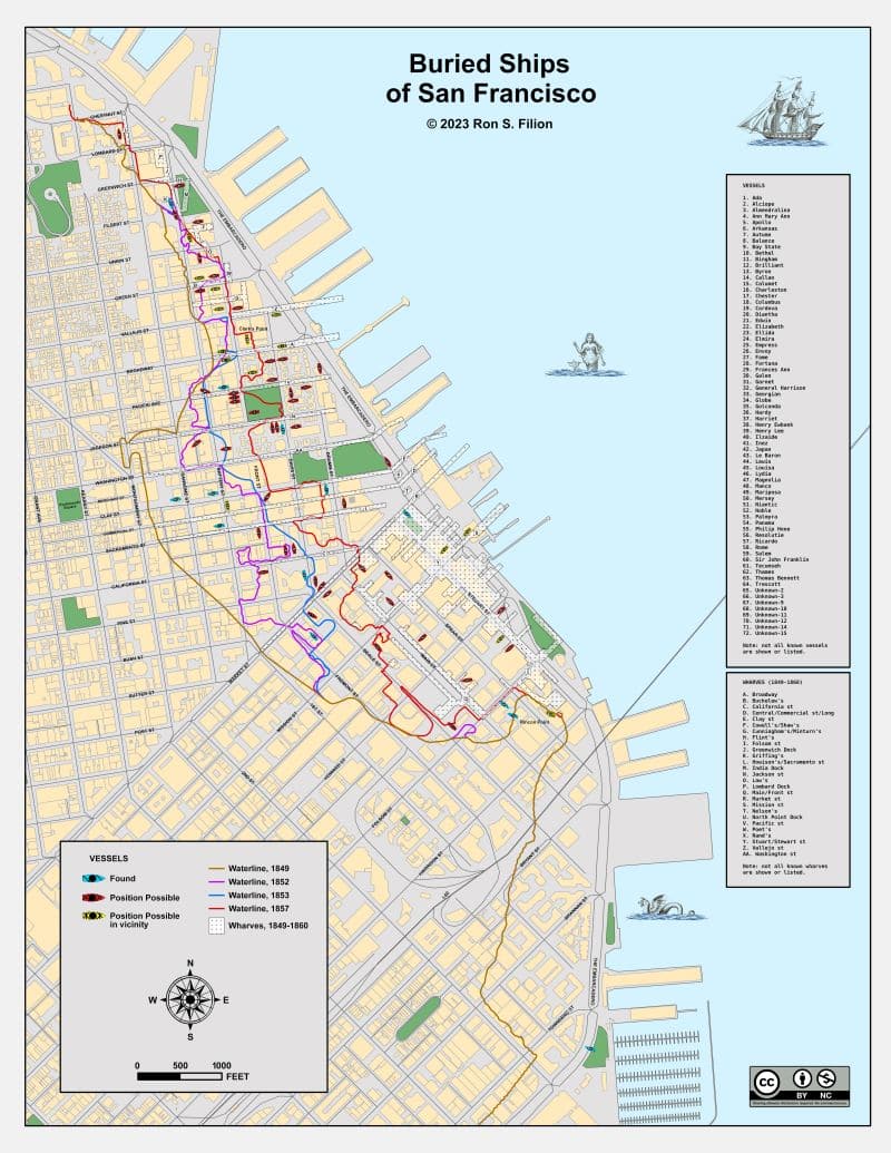 A map of SF's Embarcadero showing the locations of old shorelines and buried ships.